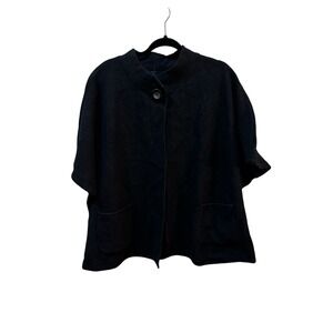 Vintage Tally Ho 100% Wool Sweater Black Open Front Short Sleeve Jacket Artsy